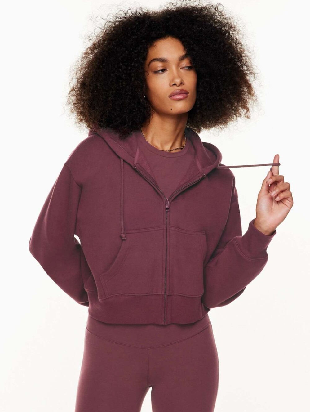 Aritzia TnaCozy Sweatfleece Boyfriend Boxy Zip Hoodie XS In Spiced Burgundy